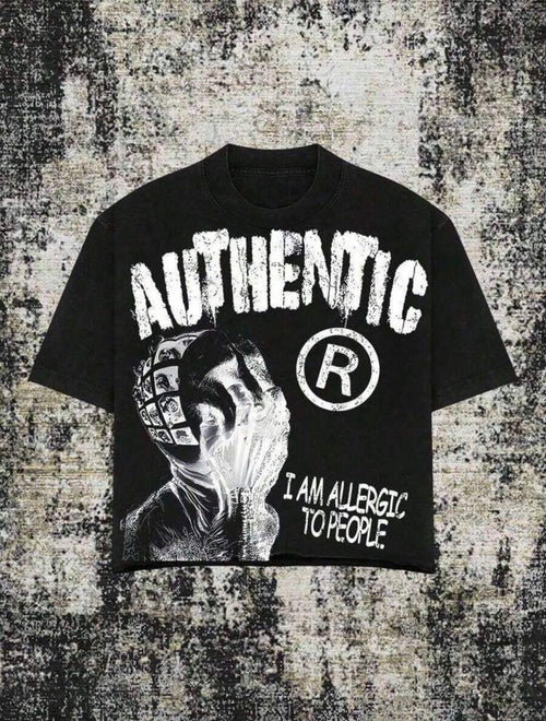 (220 Cotton T-Shirt) Men's Y2K Retro Graphic T - Shirt - "AUTHENTIC" & "| Am Allergic To People" Slogan, Loose Cotton Tee