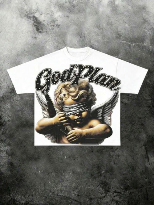 (180 Cotton T-Shirt) Blind Angel Print Men's Summer Round Neck Short Sleeved Casual Pure Cotton Print Back Picture