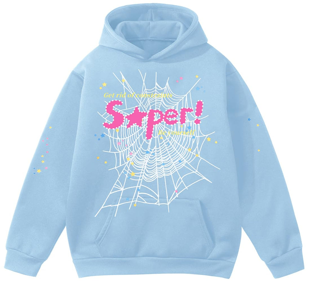 EMILYLE Y2K Spider Hoodie Cobweb Pattern Print Unisex Sweatshirt Men Women Graphic Outwear(skyblue23XL)