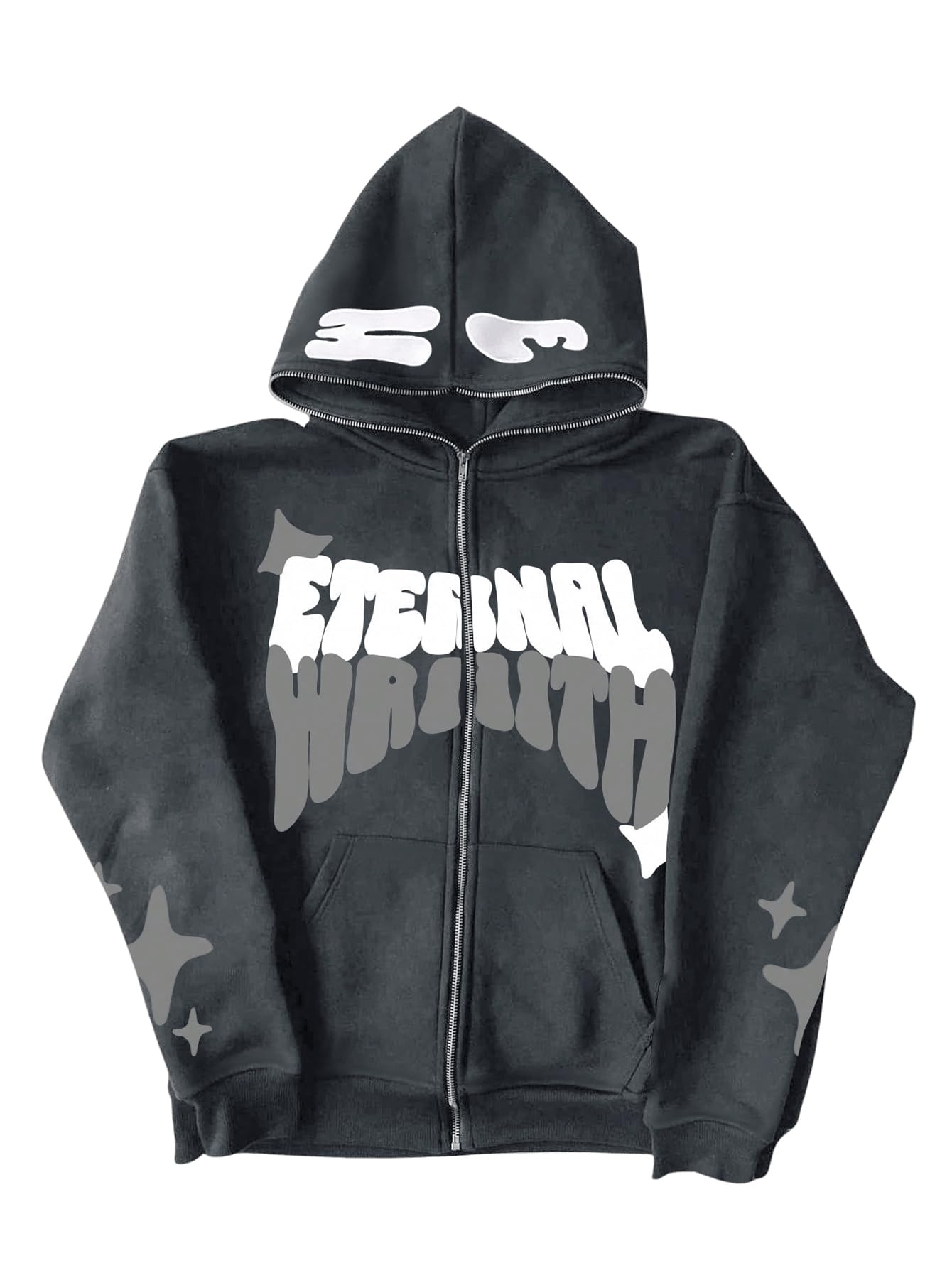 GORGLITTER Mens Full Zip Y2K Hoodie Graphic Lettter Print Long Sleeve Fashion Jacket Hooded Sweatshirt Grey XX-Large